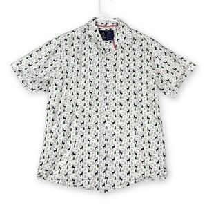 Rugby University Mens White Reindeer Pine Tree Print Cotton Button Down Shirt M